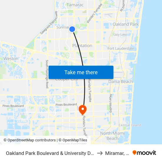 Oakland Park Boulevard & University Drive to Miramar, FL map