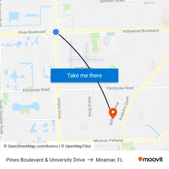 Pines Boulevard & University Drive to Miramar, FL map