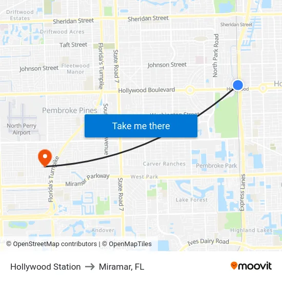 Hollywood Station to Miramar, FL map
