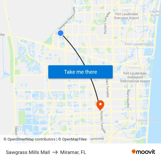 Sawgrass Mills Mall to Miramar, FL map