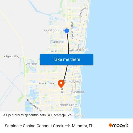 Seminole Casino Coconut Creek to Miramar, FL map