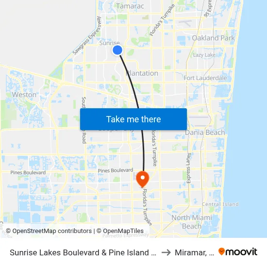Sunrise Lakes Boulevard & Pine Island Road to Miramar, FL map