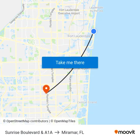 Sunrise Boulevard & A1A to Miramar, FL map