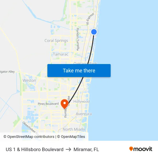 US 1 & Hillsboro Boulevard to Miramar, FL map