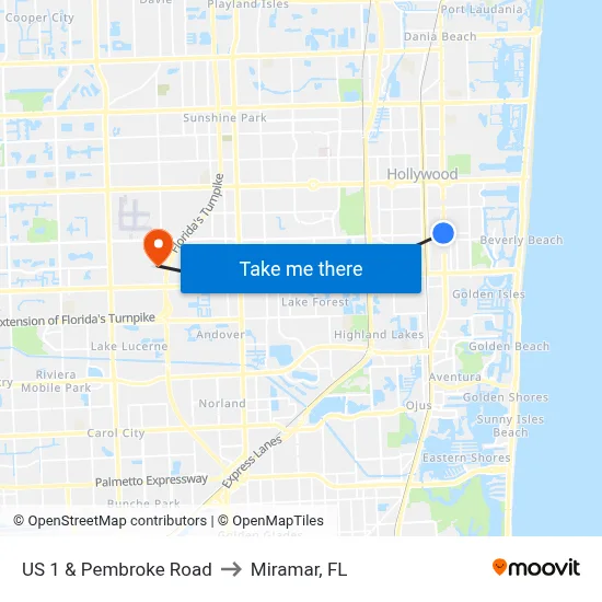US 1 & Pembroke Road to Miramar, FL map