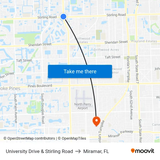 University Drive & Stirling Road to Miramar, FL map