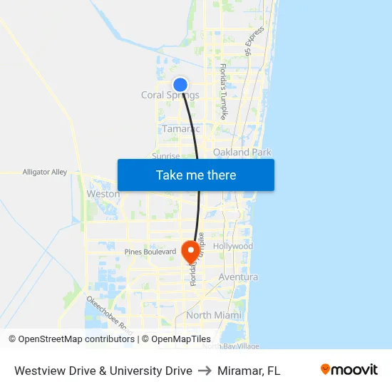 Westview Drive & University Drive to Miramar, FL map