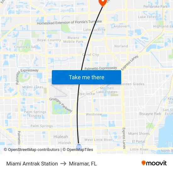 Miami Amtrak Station to Miramar, FL map