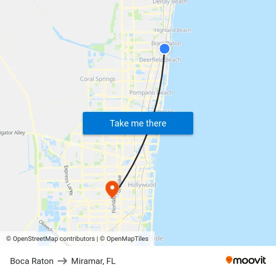 Boca Raton to Miramar, FL map