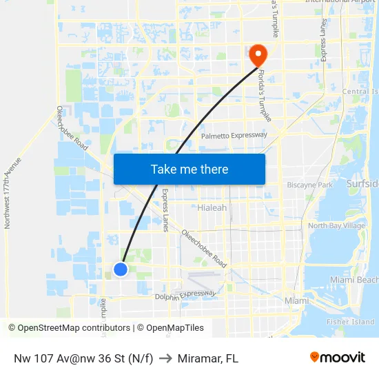 Nw 107 Av@nw 36 St (N/f) to Miramar, FL map