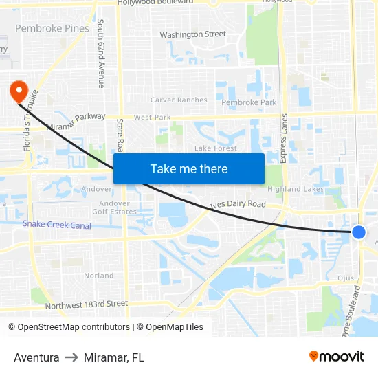 Aventura to Miramar, FL map