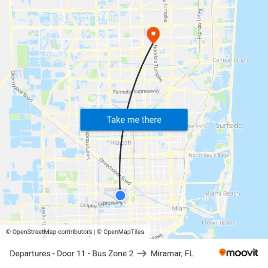 Departures - Door 11 - Bus Zone 2 to Miramar, FL map