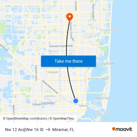 Nw 12 Av@Nw 16 St to Miramar, FL map