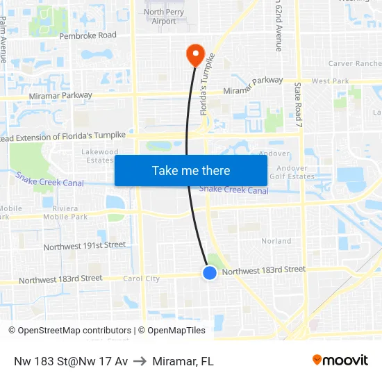 Nw 183 St@Nw 17 Av to Miramar, FL map
