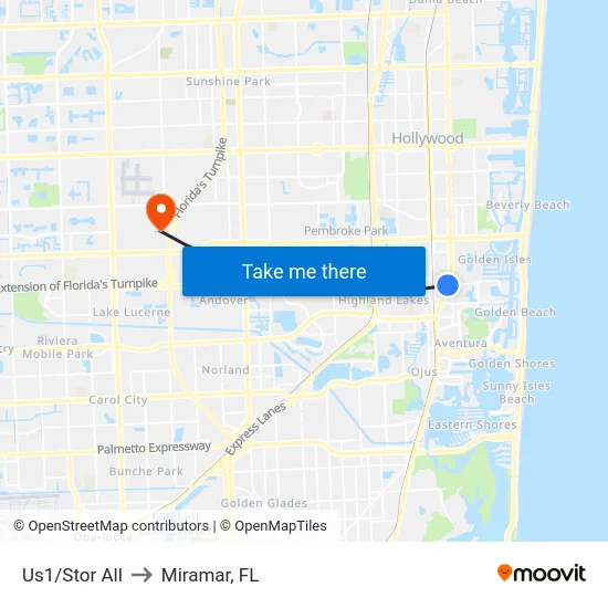 Us1/Stor All to Miramar, FL map
