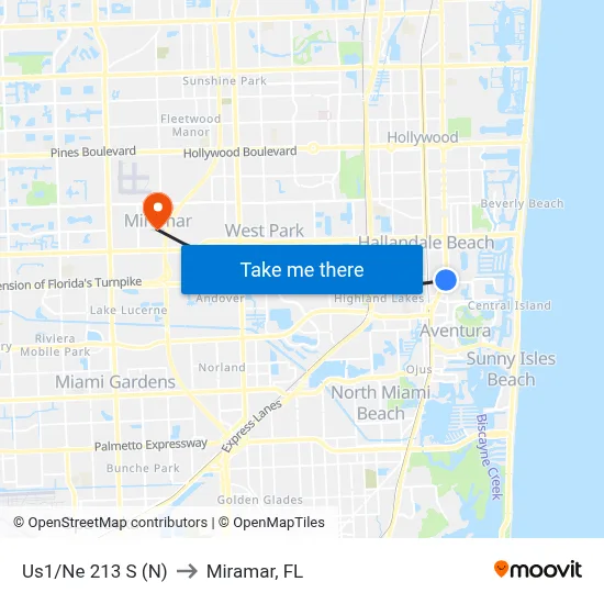 Us1/Ne 213 S (N) to Miramar, FL map