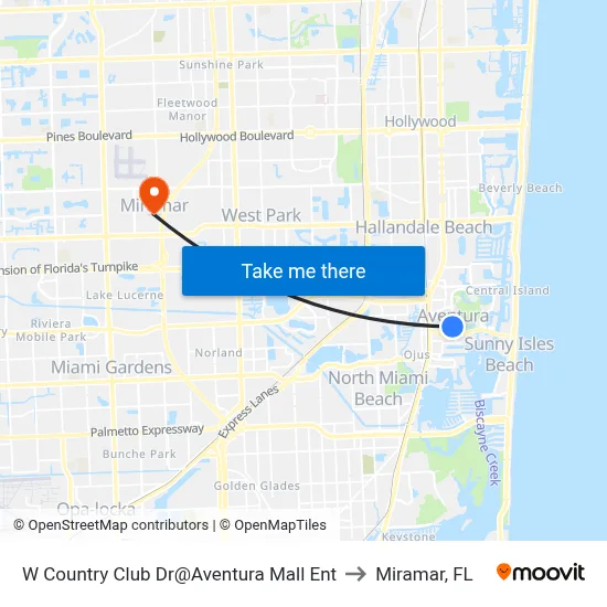 W Country Club Dr@Aventura Mall Ent to Miramar, FL map