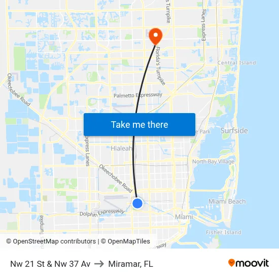 Nw 21 St & Nw 37 Av to Miramar, FL map
