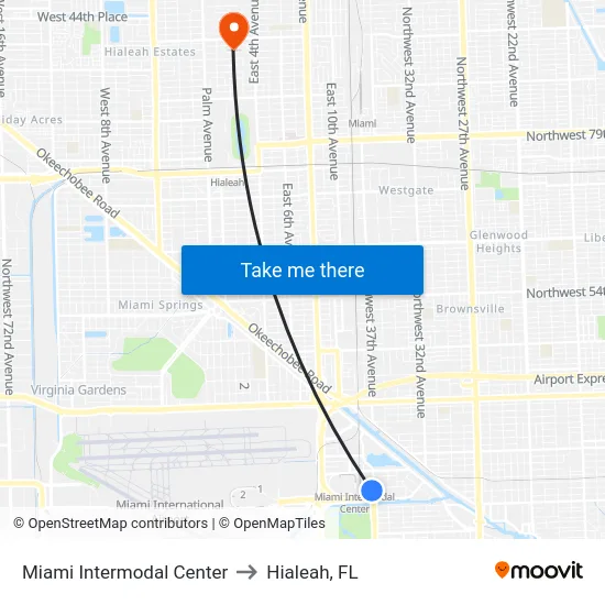Miami Intermodal Center to Hialeah, FL map