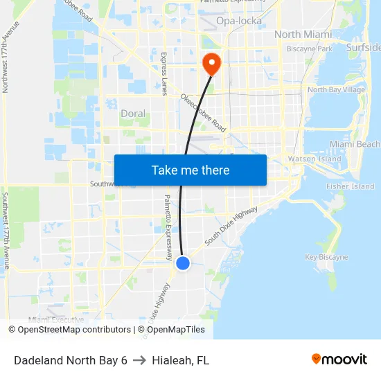 Dadeland North Bay 6 to Hialeah, FL map