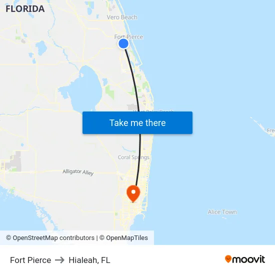 Fort Pierce to Hialeah, FL map