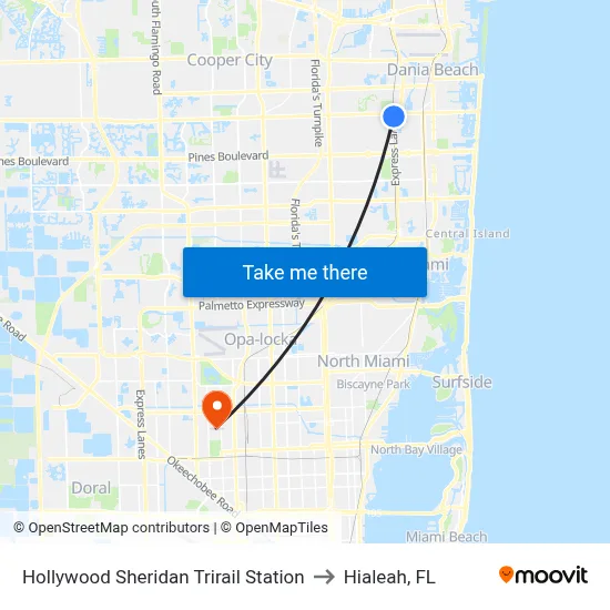 Hollywood Sheridan Trirail Station to Hialeah, FL map