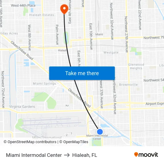 Miami Intermodal Center to Hialeah, FL map