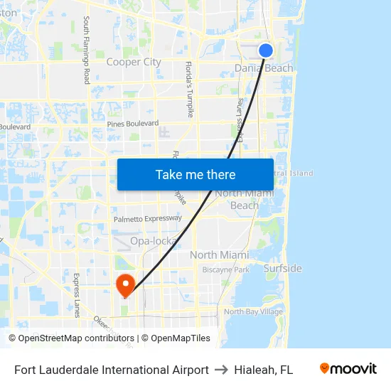 Fort Lauderdale International Airport to Hialeah, FL map