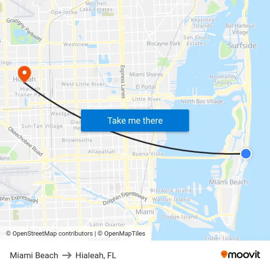 Miami Beach to Hialeah, FL map