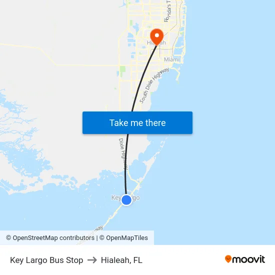 Key Largo Bus Stop to Hialeah, FL map