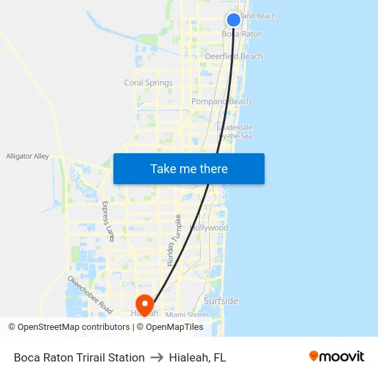 Boca Raton Trirail Station to Hialeah, FL map