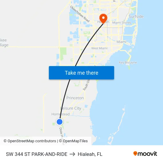 Sw 344 St Park-And-Ride to Hialeah, FL map