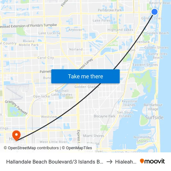 Hallandale Beach Boulevard/3 Islands Boulevard to Hialeah, FL map