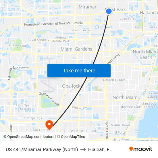US 441/Miramar Parkway (North) to Hialeah, FL map