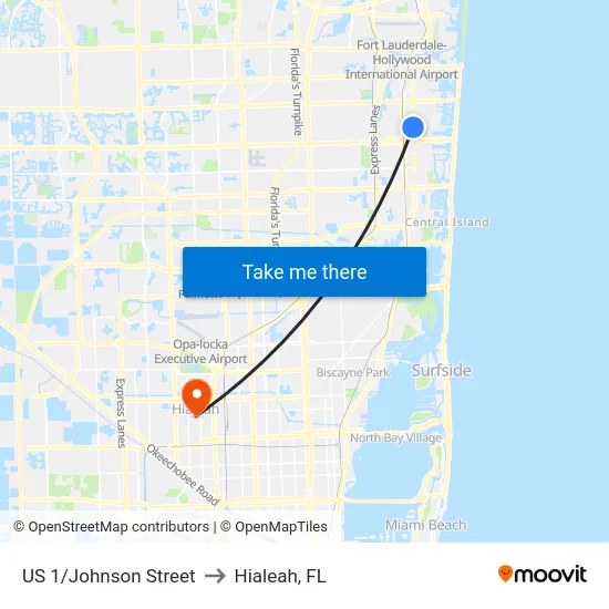 US 1/Johnson Street to Hialeah, FL map