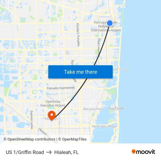 US 1/Griffin Road to Hialeah, FL map