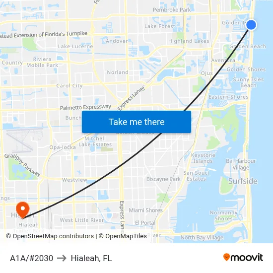 A1A/#2030 to Hialeah, FL map