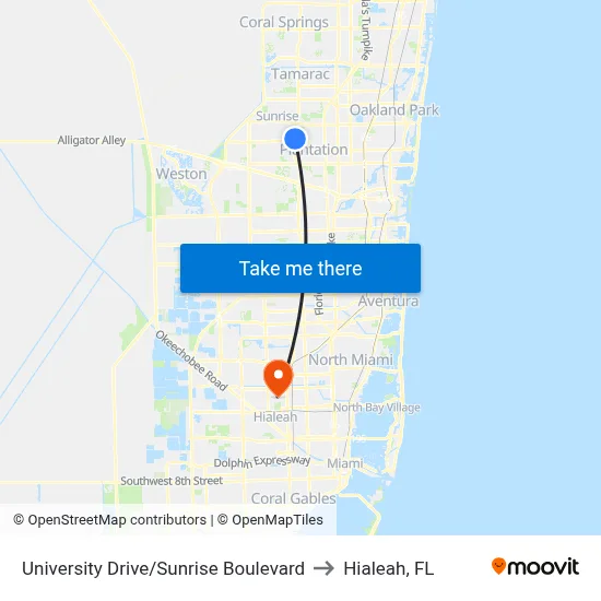 University Drive/Sunrise Boulevard to Hialeah, FL map
