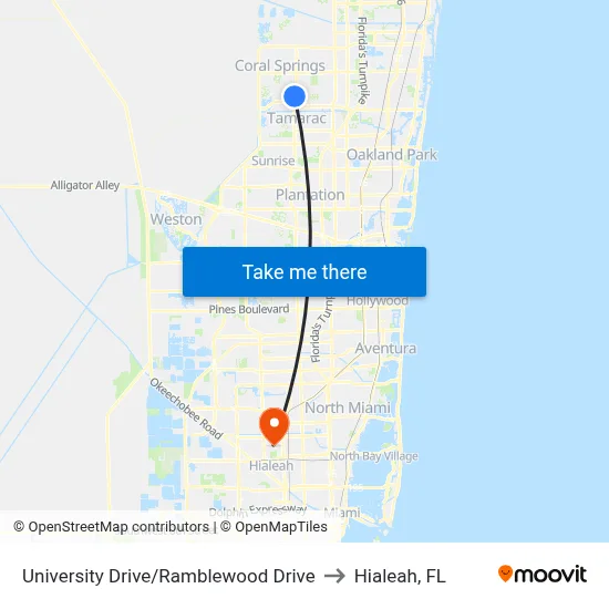 University Drive/Ramblewood Drive to Hialeah, FL map
