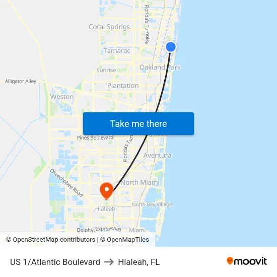 US 1/Atlantic Boulevard to Hialeah, FL map