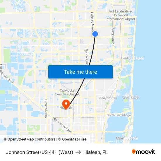 Johnson Street/US 441 (West) to Hialeah, FL map
