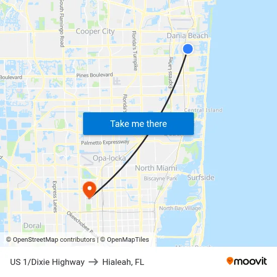 US 1/Dixie Highway to Hialeah, FL map
