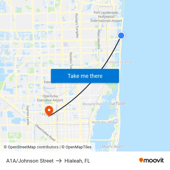 A1A/Johnson Street to Hialeah, FL map