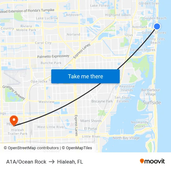 A1A/Ocean Rock to Hialeah, FL map