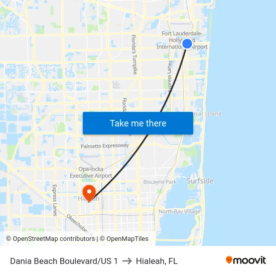 Dania Beach Boulevard/US 1 to Hialeah, FL map