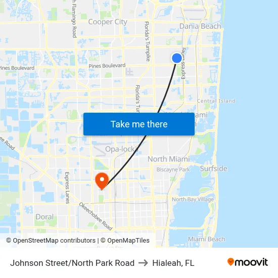 Johnson Street/North Park Road to Hialeah, FL map