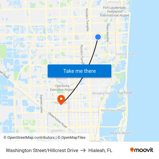 Washington Street/Hillcrest Drive to Hialeah, FL map