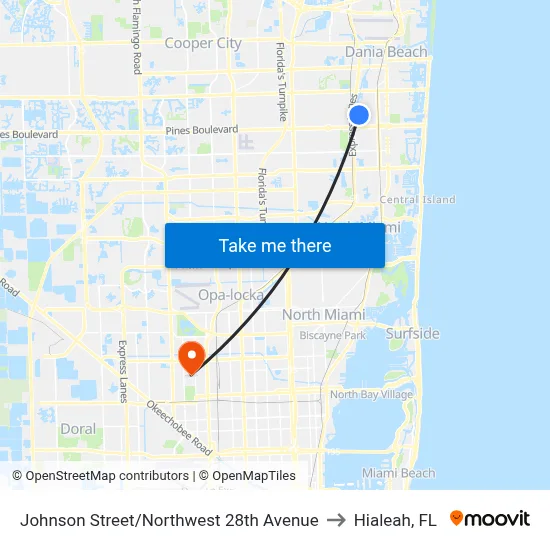 Johnson Street/Northwest 28th Avenue to Hialeah, FL map
