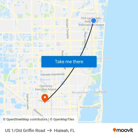 US 1/Old Griffin Road to Hialeah, FL map