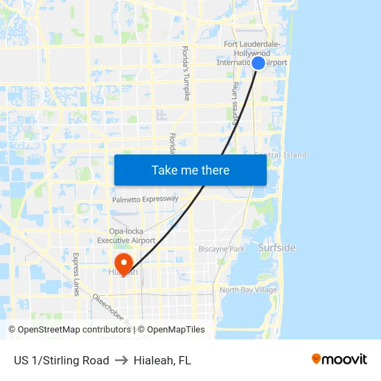 US 1/Stirling Road to Hialeah, FL map